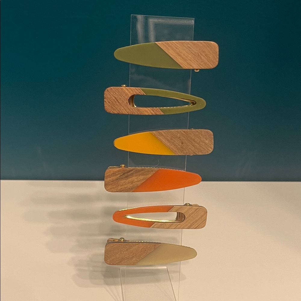 Set of 6 Wood and Acrylic Hair Clips